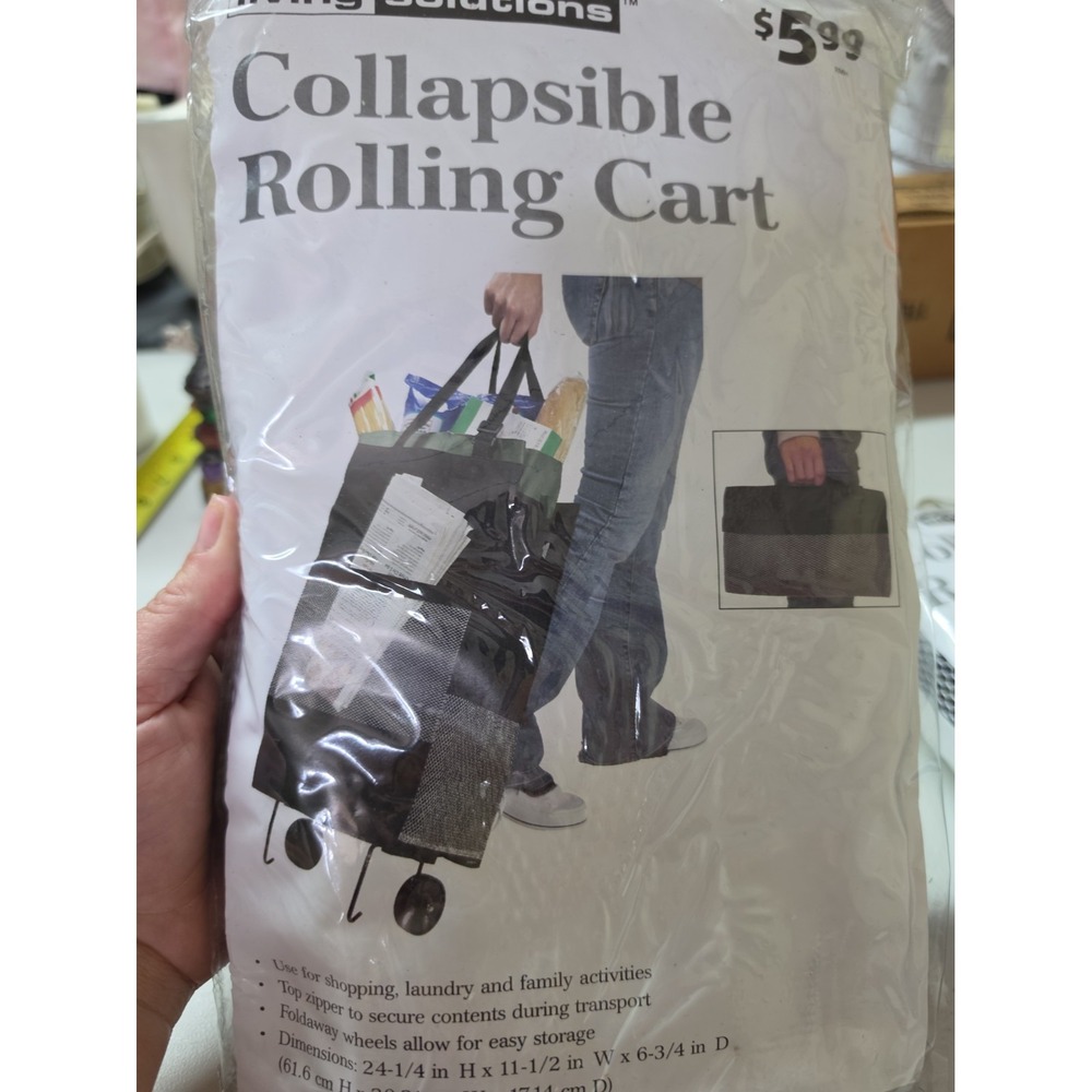 Vtg LivingSolutions Collapsible Rolling Cart 24.25X11.5X6.75" w/Foldaway Wheels